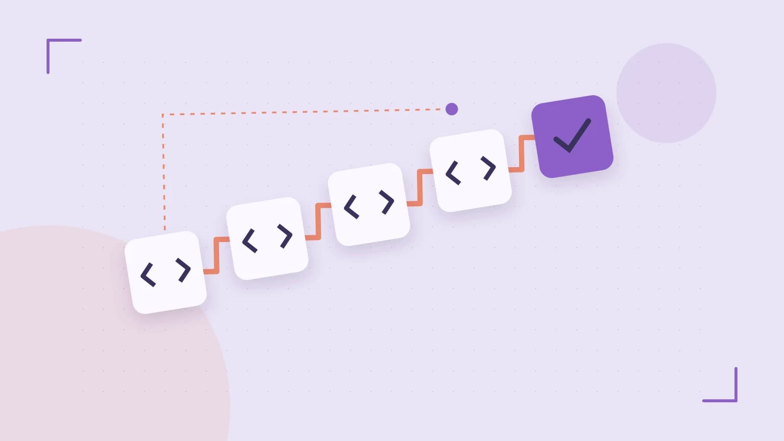 Editorial illustration of a branching build pipeline, staged transformations and a completed check