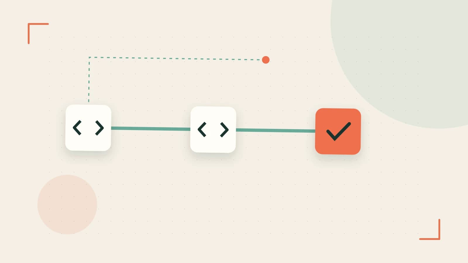 Editorial illustration of a branching build pipeline, staged transformations and a completed check