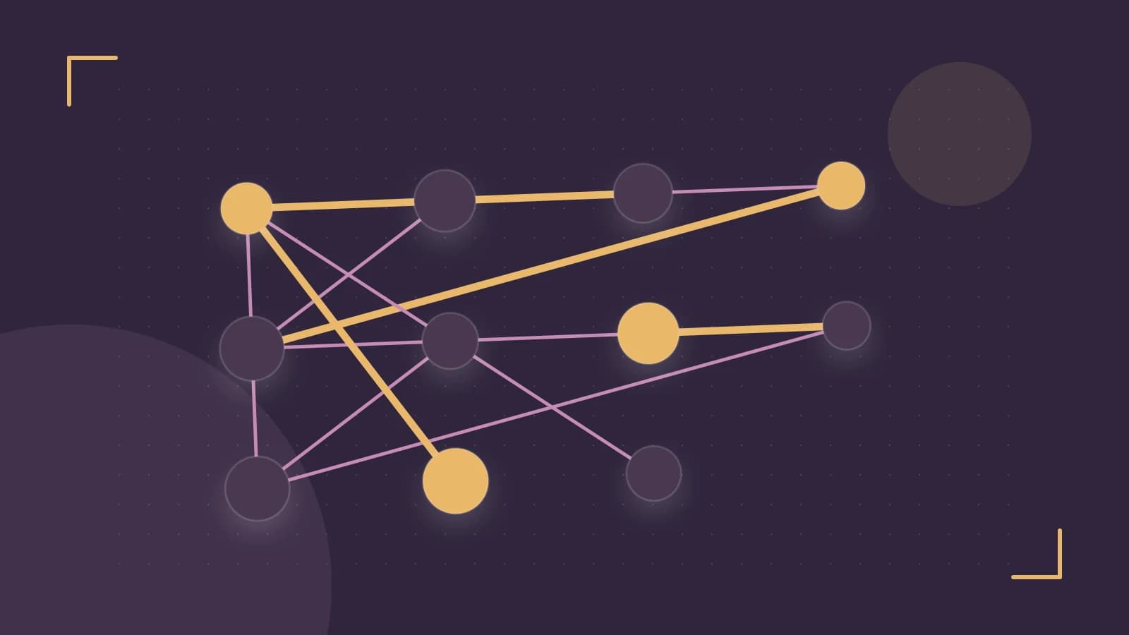 Editorial illustration of an algorithmic node graph with branching paths and a highlighted result