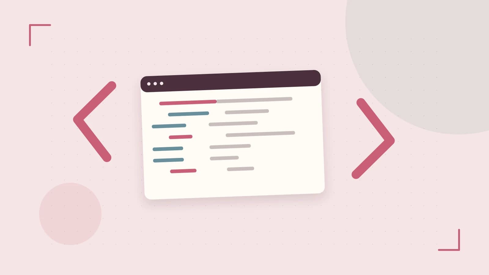 Editorial illustration of an abstract code editor, syntax blocks and oversized programming brackets