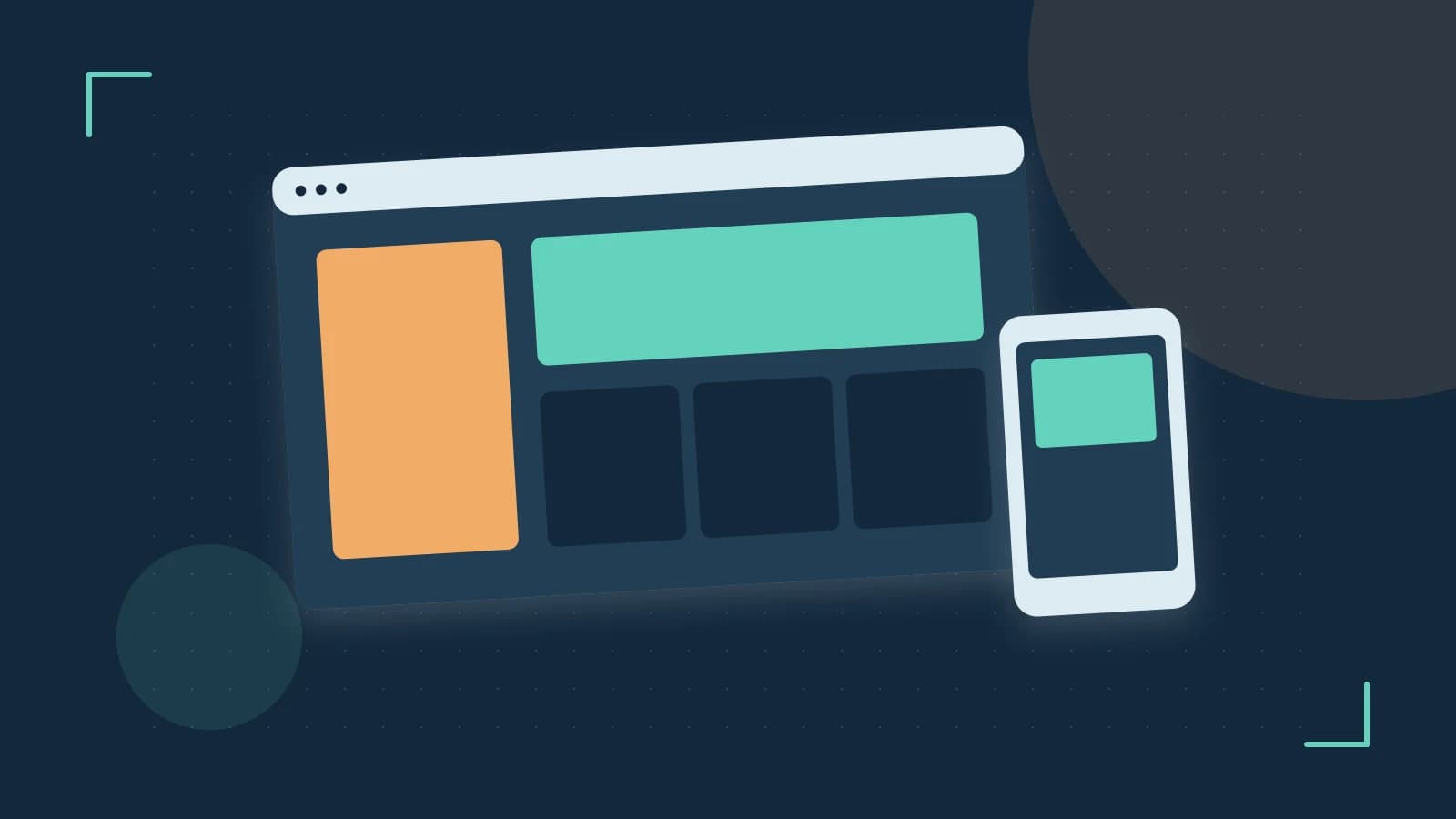 Editorial illustration of responsive browser layouts, overlapping design components and a color system