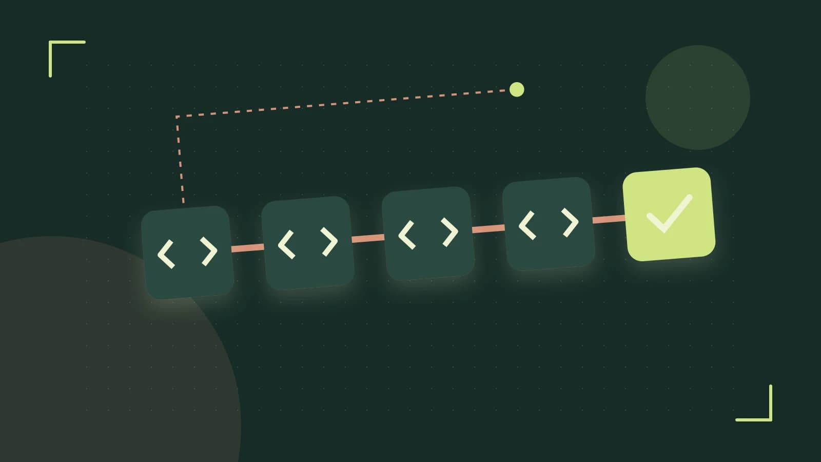 Editorial illustration of a branching build pipeline, staged transformations and a completed check