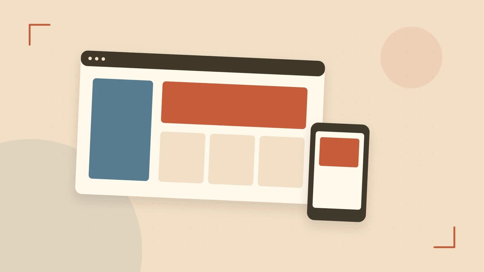 Editorial illustration of responsive browser layouts, overlapping design components and a color system