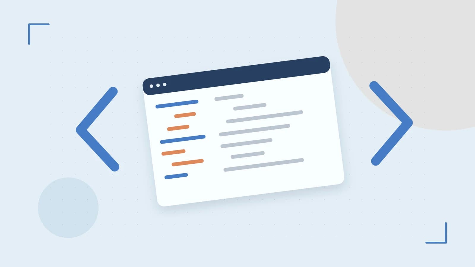Editorial illustration of an abstract code editor, syntax blocks and oversized programming brackets