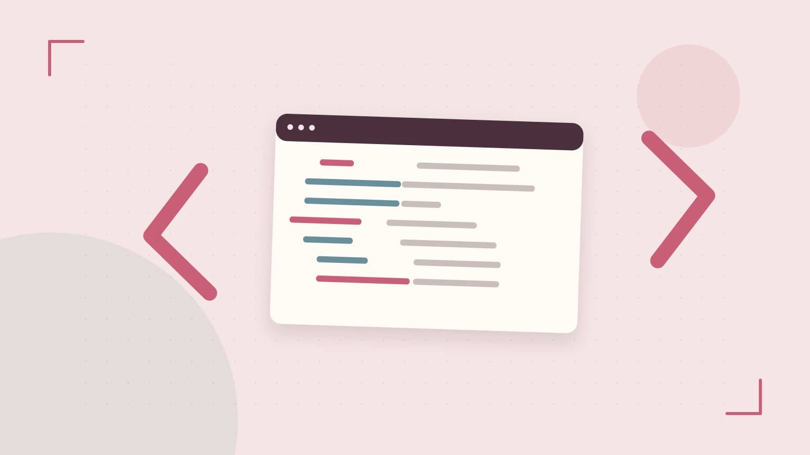 Editorial illustration of an abstract code editor, syntax blocks and oversized programming brackets