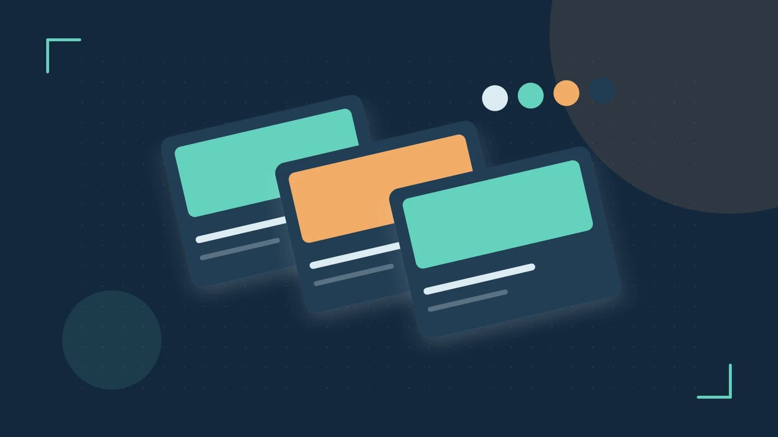 Editorial illustration of responsive browser layouts, overlapping design components and a color system