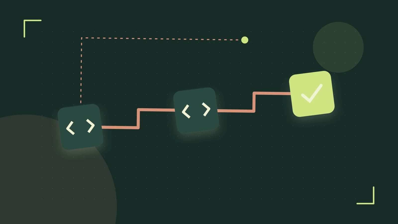 Editorial illustration of a branching build pipeline, staged transformations and a completed check