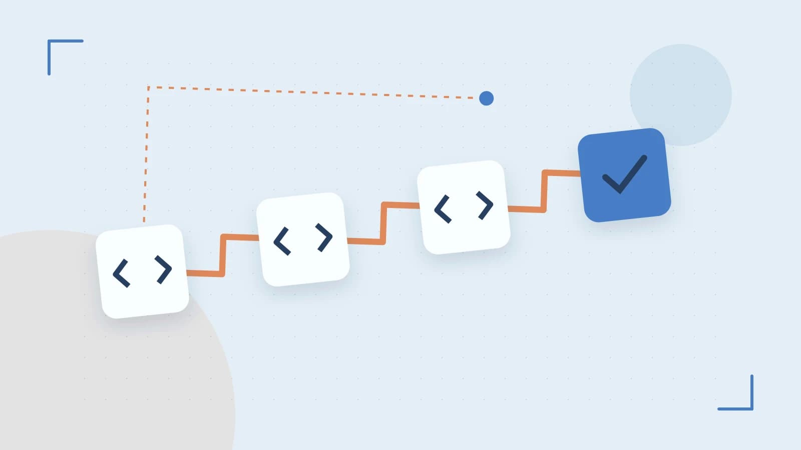 Editorial illustration of a branching build pipeline, staged transformations and a completed check