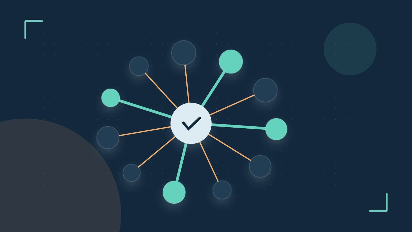 Editorial illustration of an algorithmic node graph with branching paths and a highlighted result