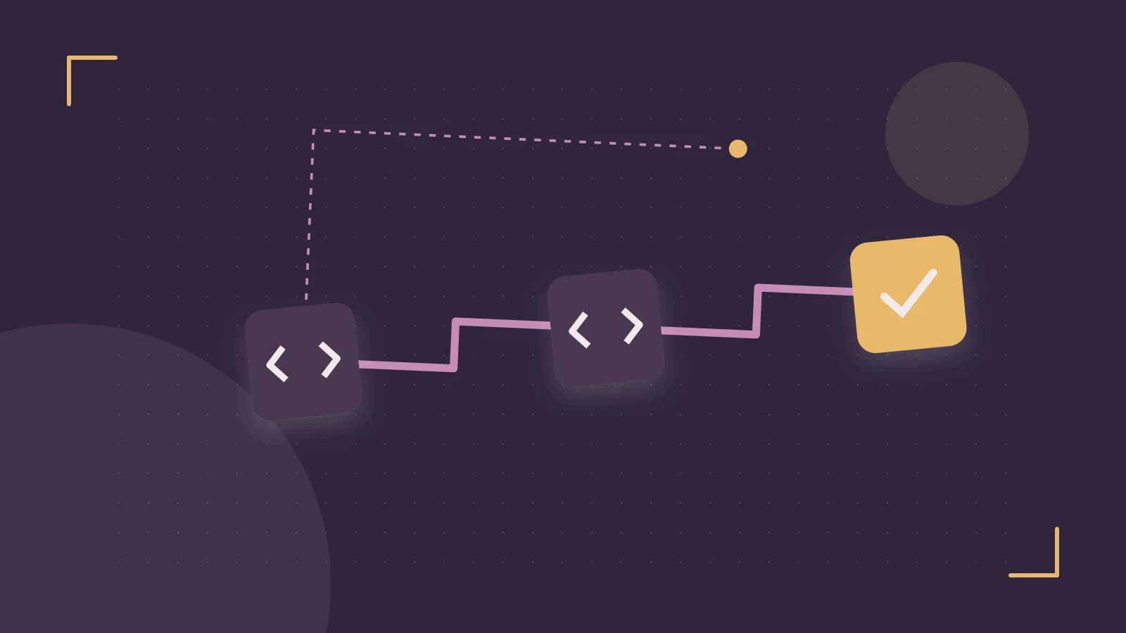 Editorial illustration of a branching build pipeline, staged transformations and a completed check