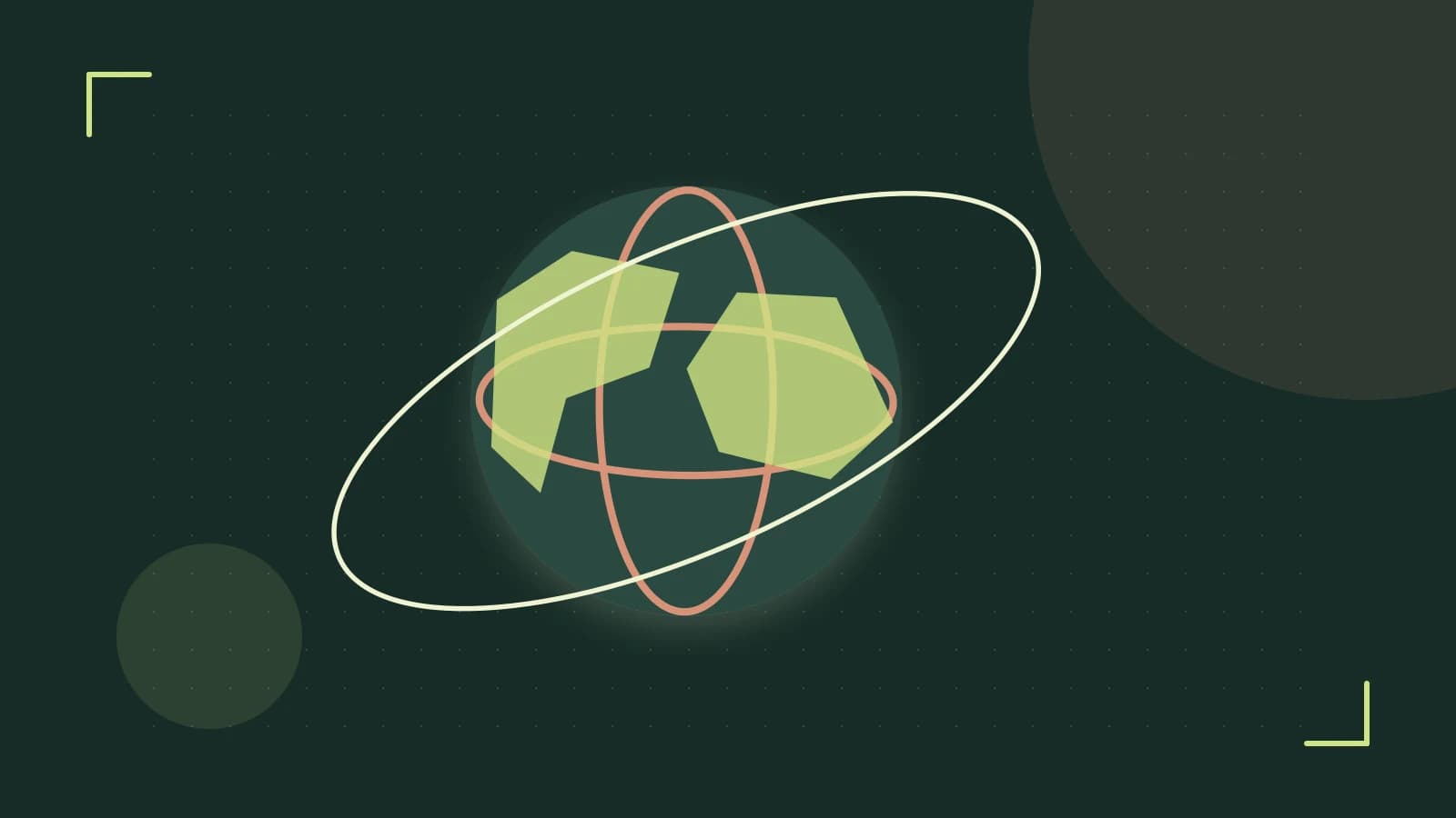 Editorial illustration of an editorial globe with meridians and layered geographic shapes