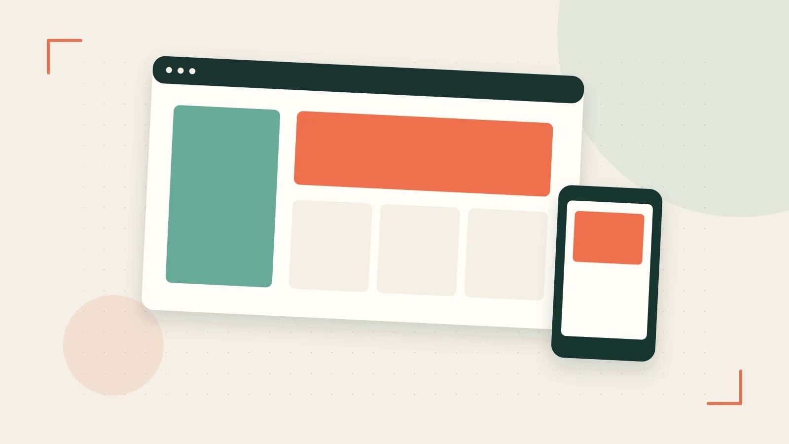 Editorial illustration of responsive browser layouts, overlapping design components and a color system