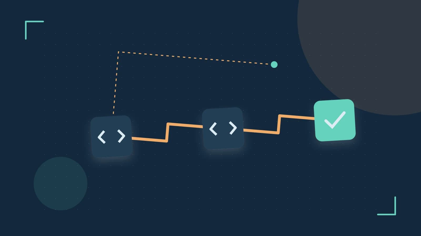 Editorial illustration of a branching build pipeline, staged transformations and a completed check