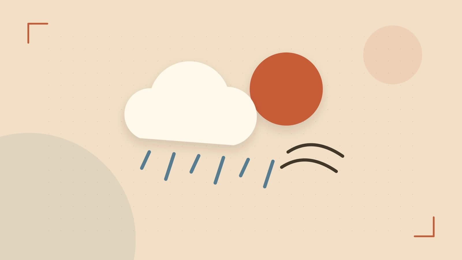 Editorial illustration of a sun, layered clouds, raindrops and flowing weather patterns
