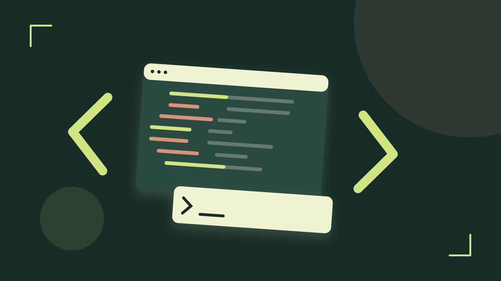 Editorial illustration of an abstract code editor, syntax blocks and oversized programming brackets
