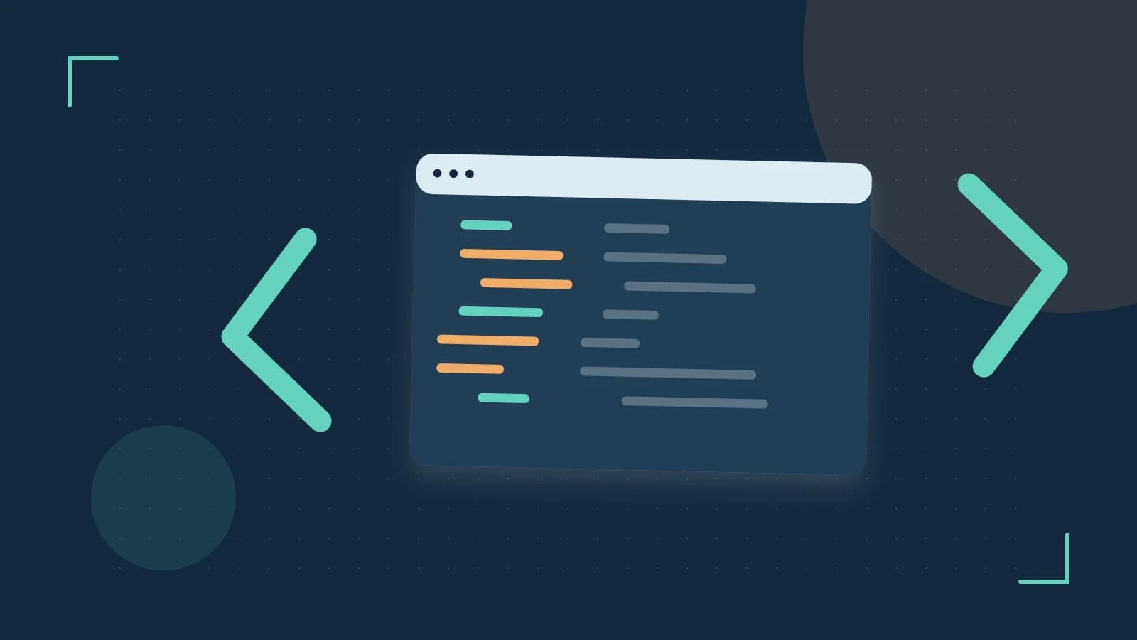 Editorial illustration of an abstract code editor, syntax blocks and oversized programming brackets