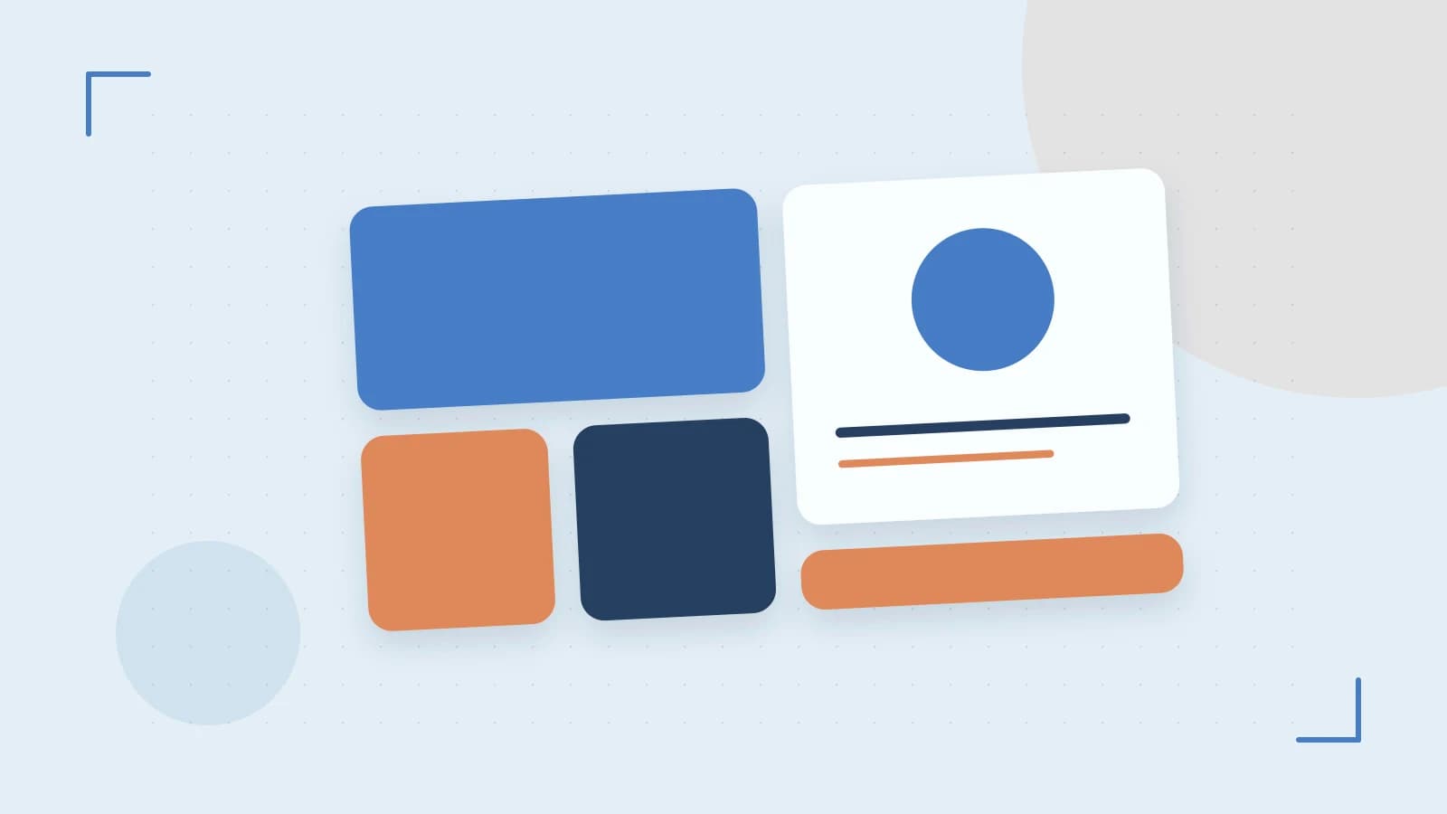 Editorial illustration of responsive browser layouts, overlapping design components and a color system