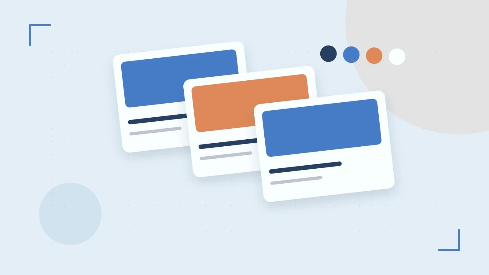 Editorial illustration of responsive browser layouts, overlapping design components and a color system