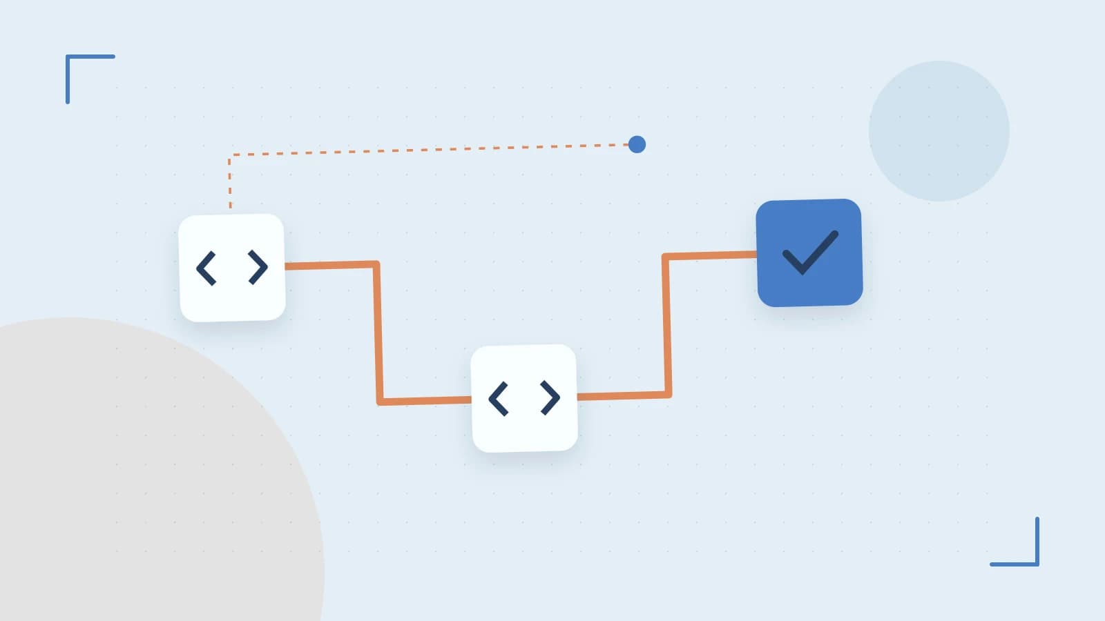 Editorial illustration of a branching build pipeline, staged transformations and a completed check