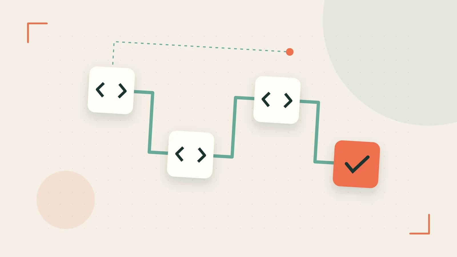 Editorial illustration of a branching build pipeline, staged transformations and a completed check
