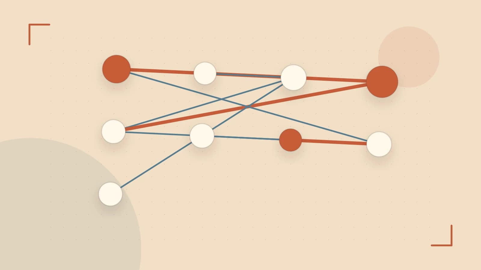 Editorial illustration of an algorithmic node graph with branching paths and a highlighted result