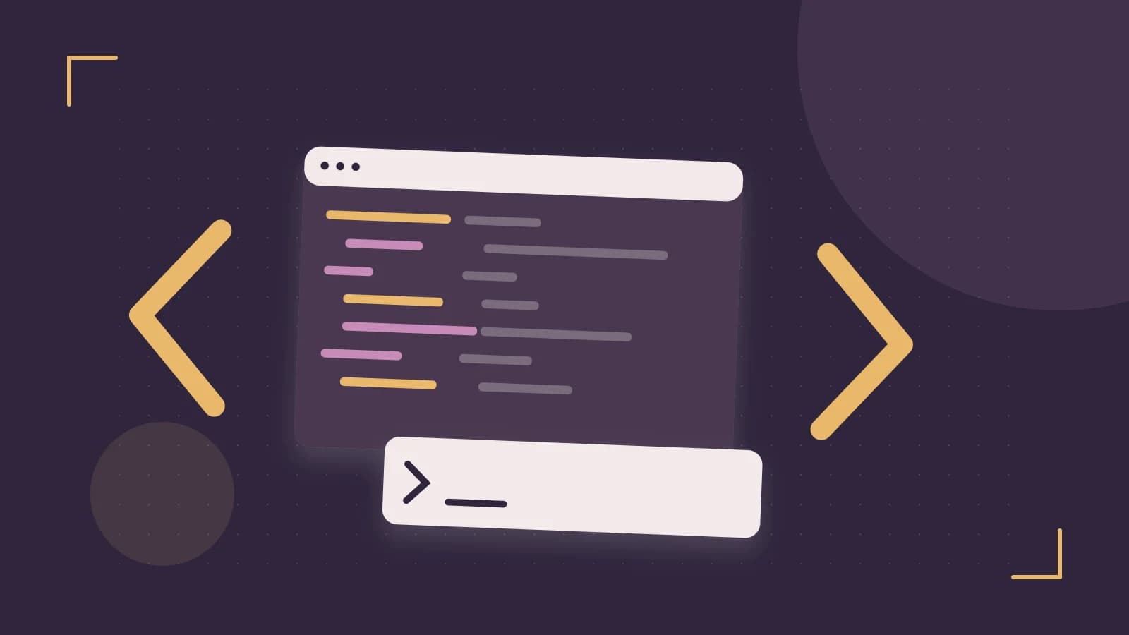 Editorial illustration of an abstract code editor, syntax blocks and oversized programming brackets