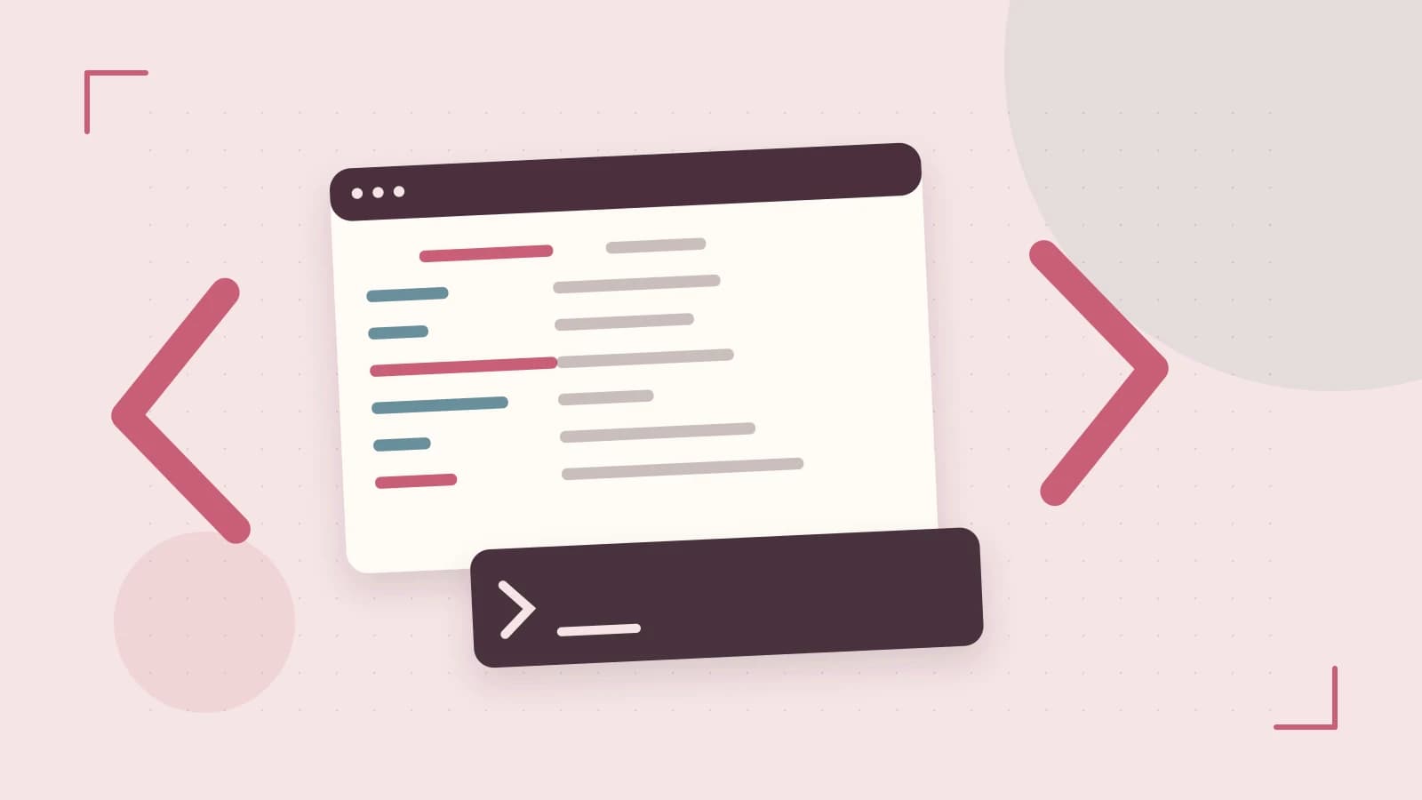 Editorial illustration of an abstract code editor, syntax blocks and oversized programming brackets