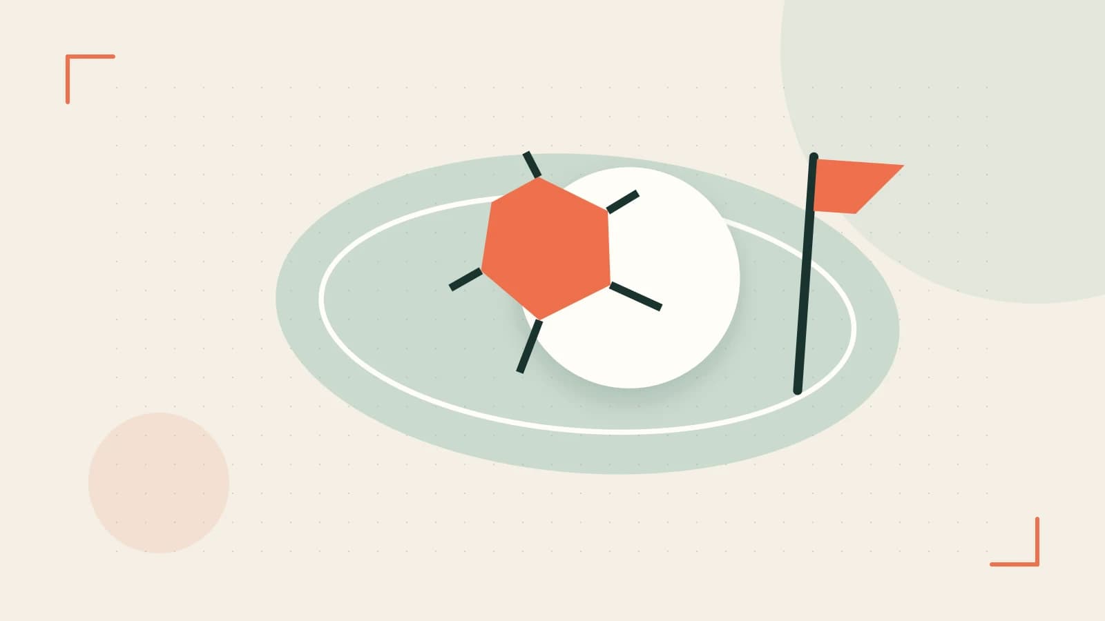 Editorial illustration of a stylized sports ball, stadium geometry and dynamic arcs