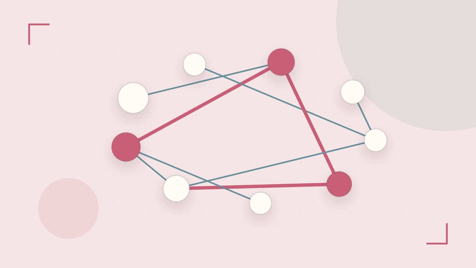 Editorial illustration of an algorithmic node graph with branching paths and a highlighted result