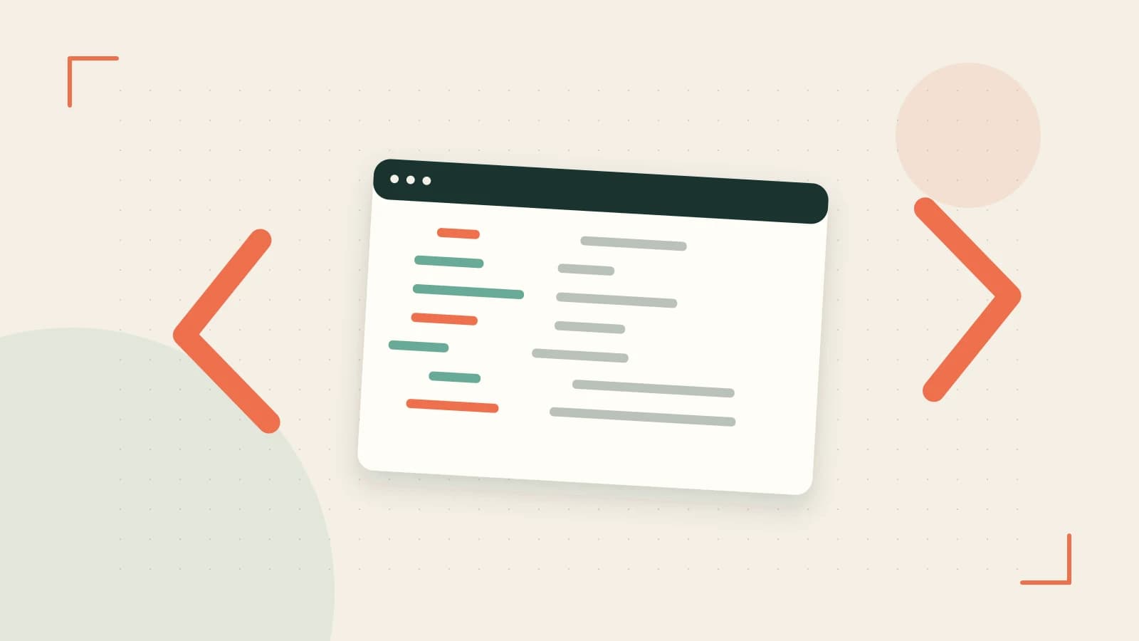 Editorial illustration of an abstract code editor, syntax blocks and oversized programming brackets
