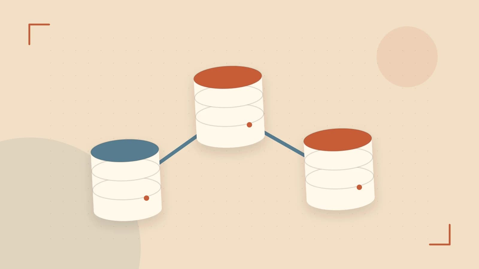 Editorial illustration of structured records, database cylinders and relationships between tables