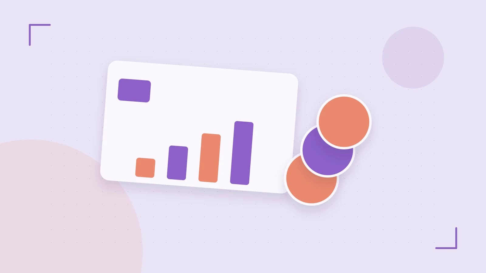 Editorial illustration of abstract coins, a payment card and a geometric financial chart without data labels