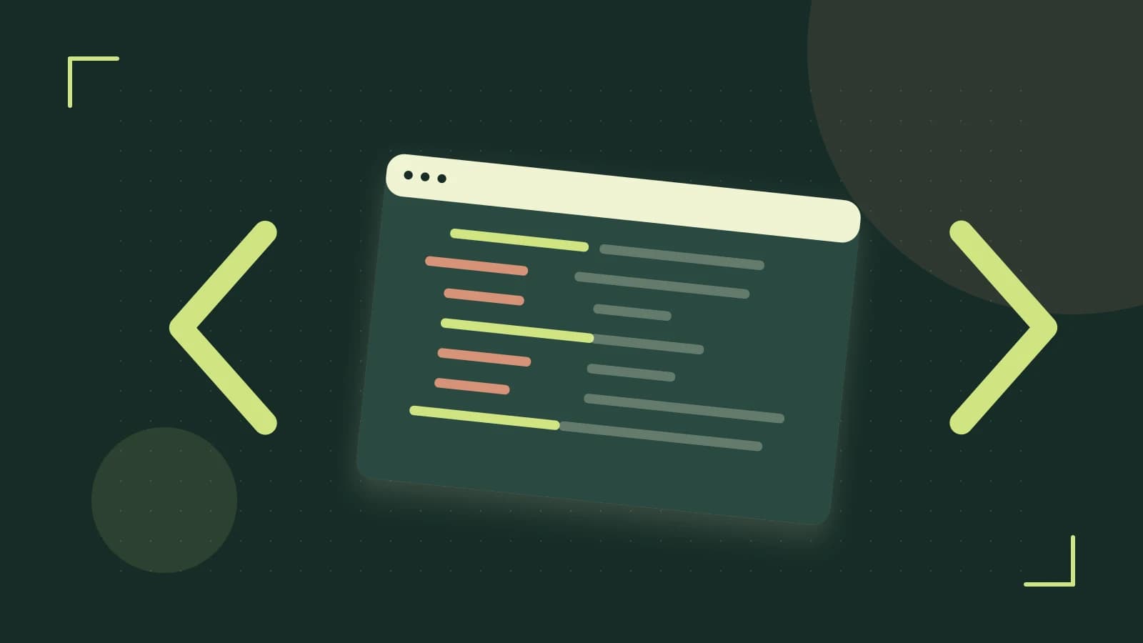 Editorial illustration of an abstract code editor, syntax blocks and oversized programming brackets