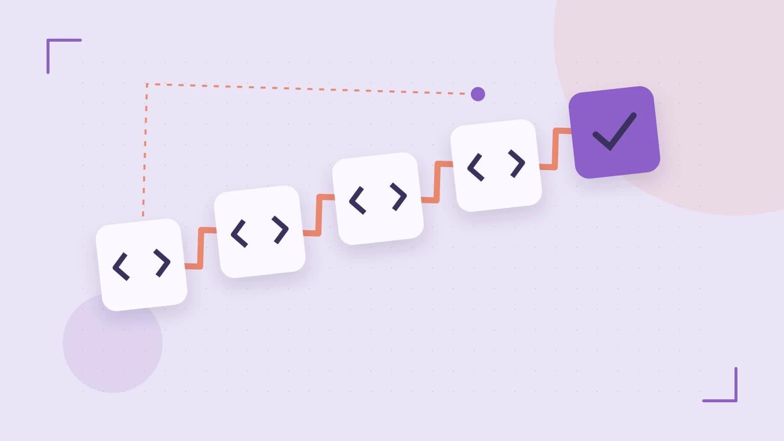 Editorial illustration of a branching build pipeline, staged transformations and a completed check