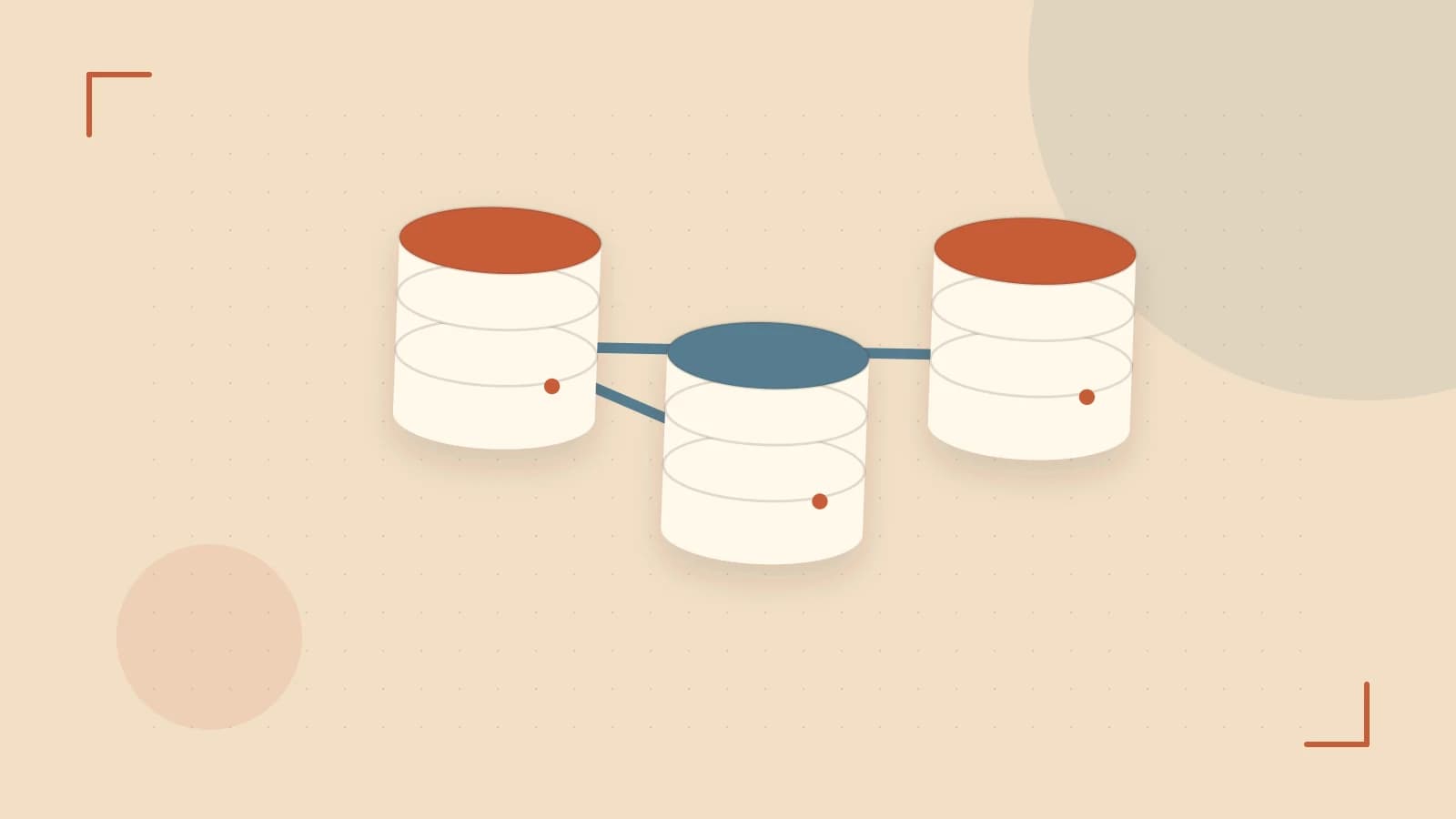 Editorial illustration of structured records, database cylinders and relationships between tables