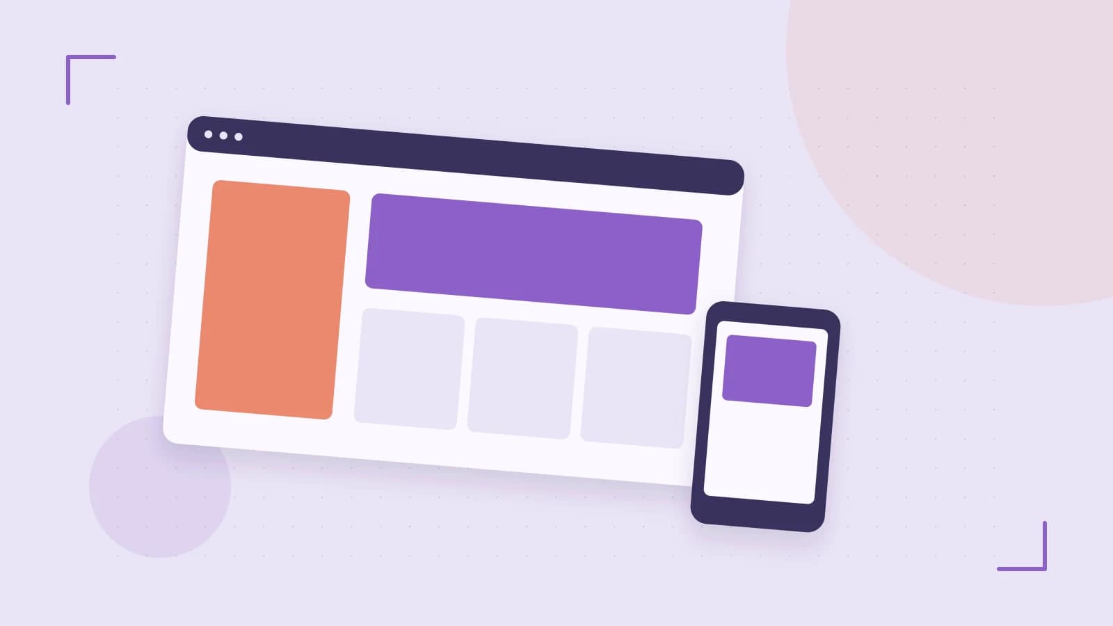 Editorial illustration of responsive browser layouts, overlapping design components and a color system
