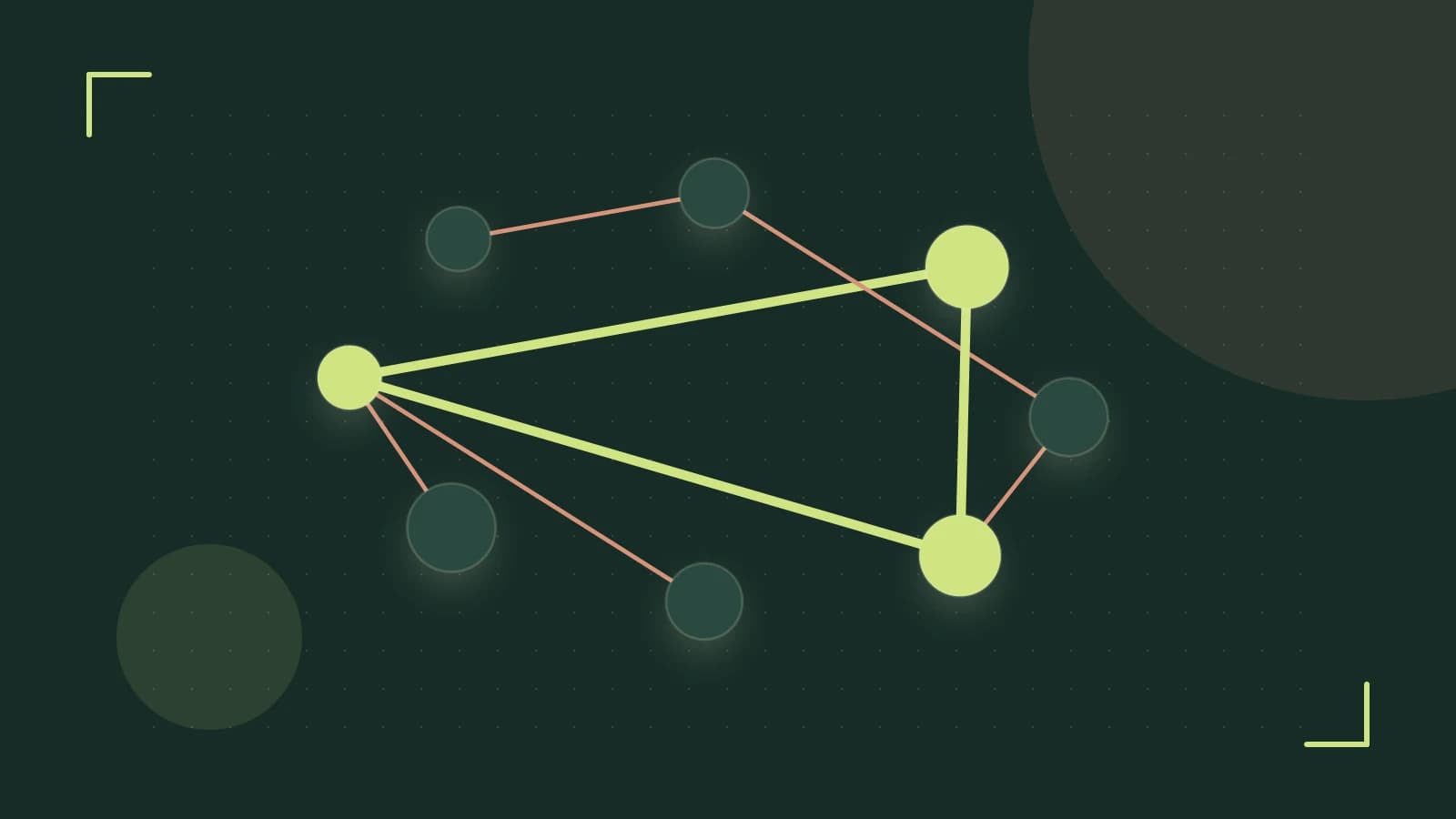 Editorial illustration of an algorithmic node graph with branching paths and a highlighted result