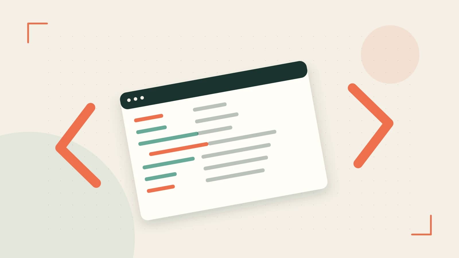 Editorial illustration of an abstract code editor, syntax blocks and oversized programming brackets