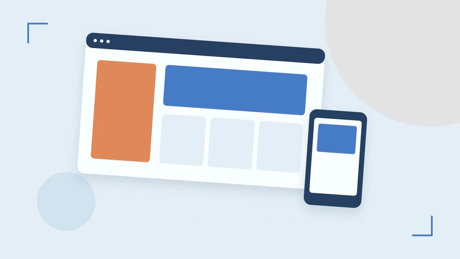 Editorial illustration of responsive browser layouts, overlapping design components and a color system