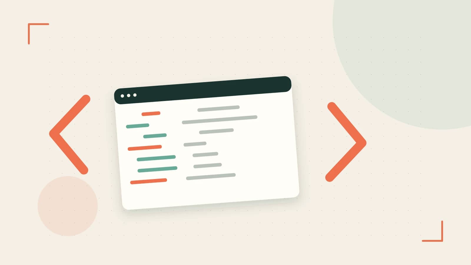 Editorial illustration of an abstract code editor, syntax blocks and oversized programming brackets
