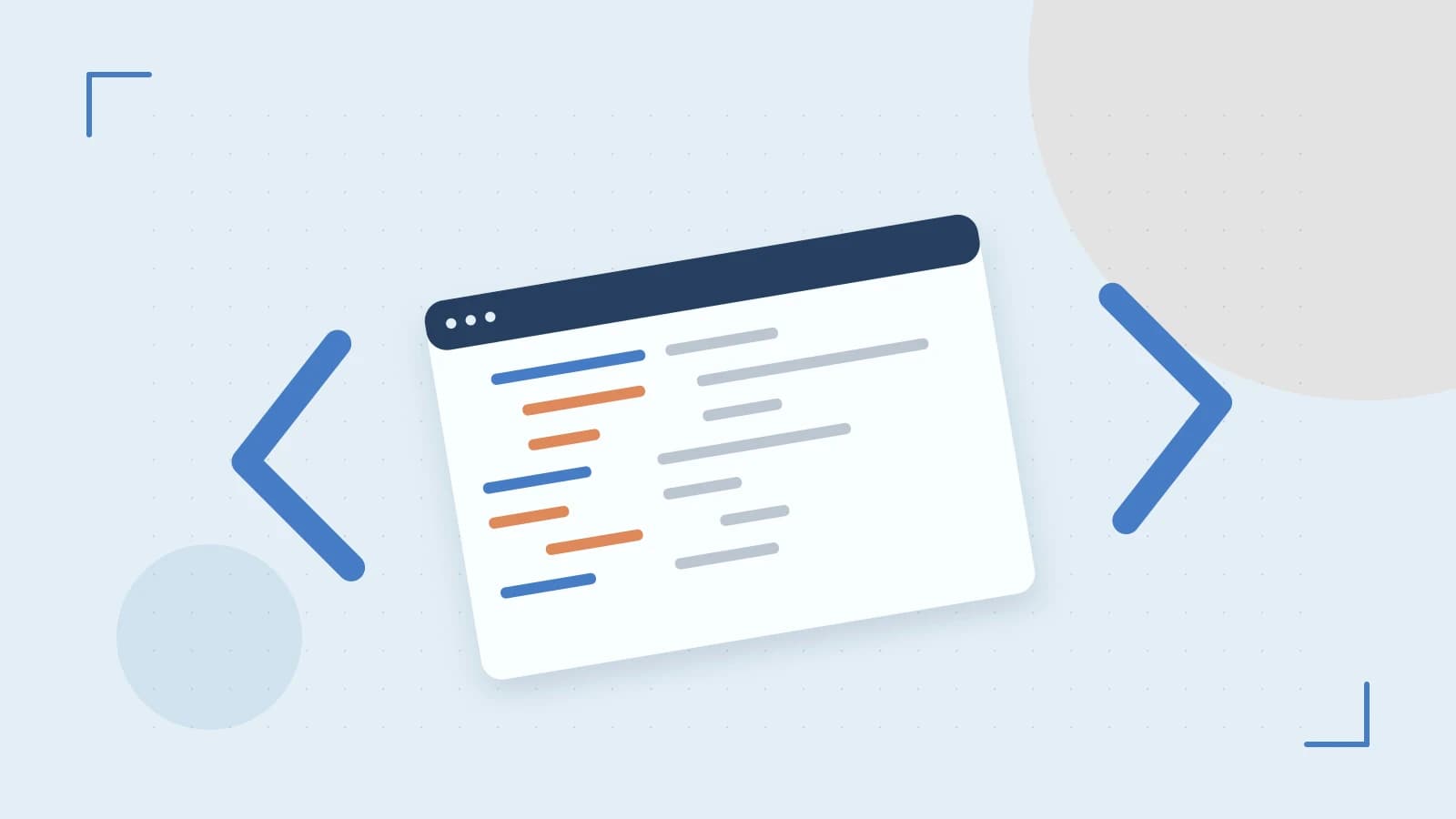 Editorial illustration of an abstract code editor, syntax blocks and oversized programming brackets