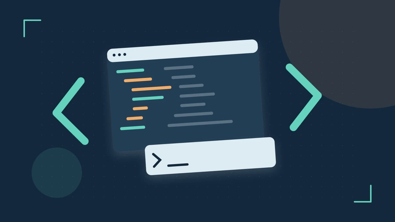 Editorial illustration of an abstract code editor, syntax blocks and oversized programming brackets