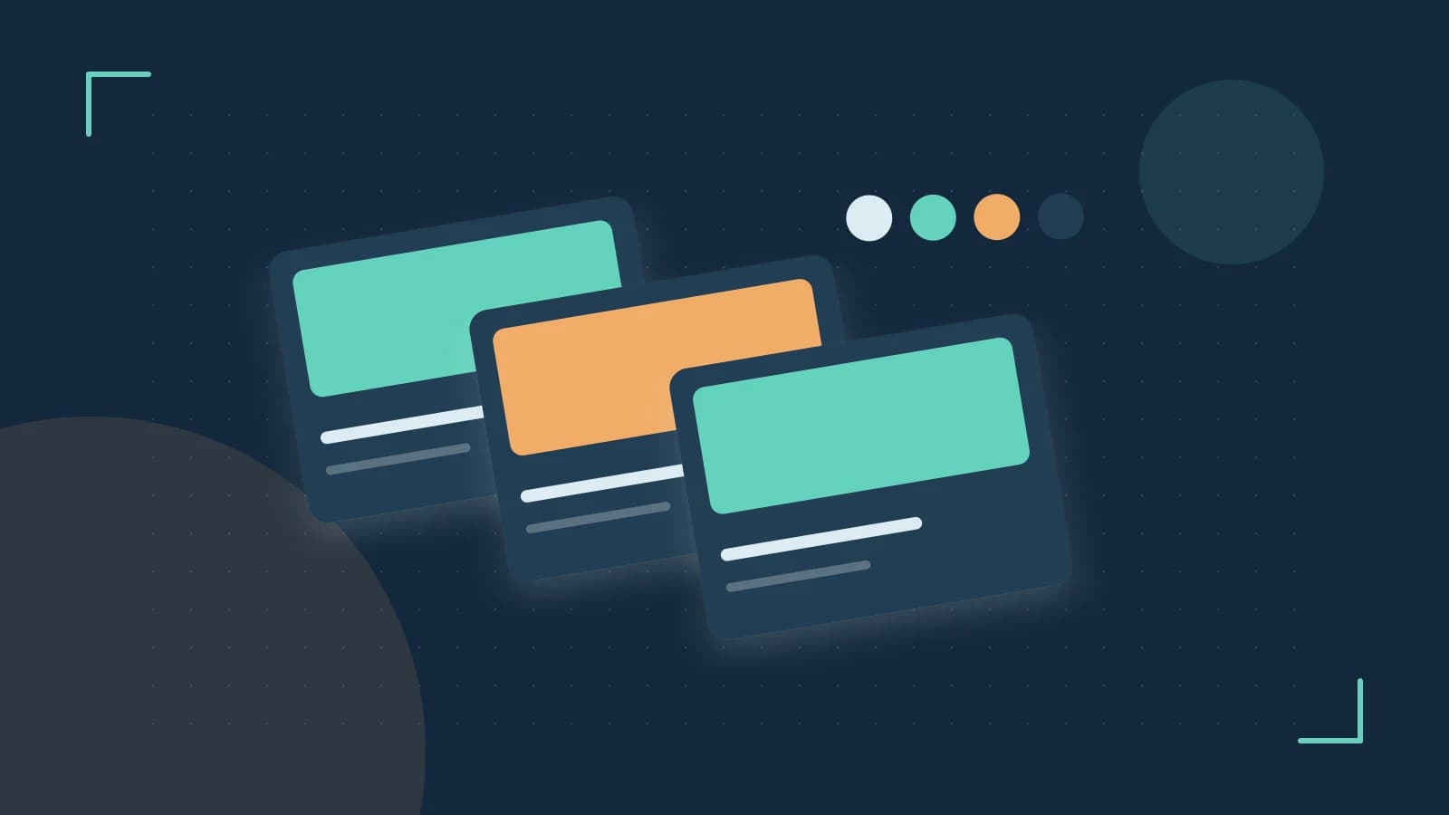 Editorial illustration of responsive browser layouts, overlapping design components and a color system
