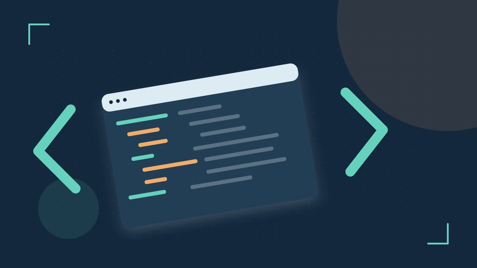 Editorial illustration of an abstract code editor, syntax blocks and oversized programming brackets