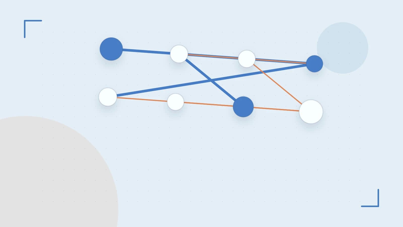 Editorial illustration of an algorithmic node graph with branching paths and a highlighted result