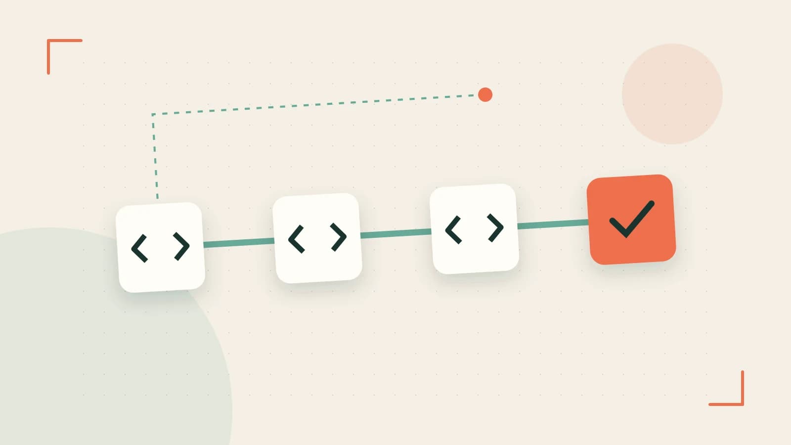 Editorial illustration of a branching build pipeline, staged transformations and a completed check