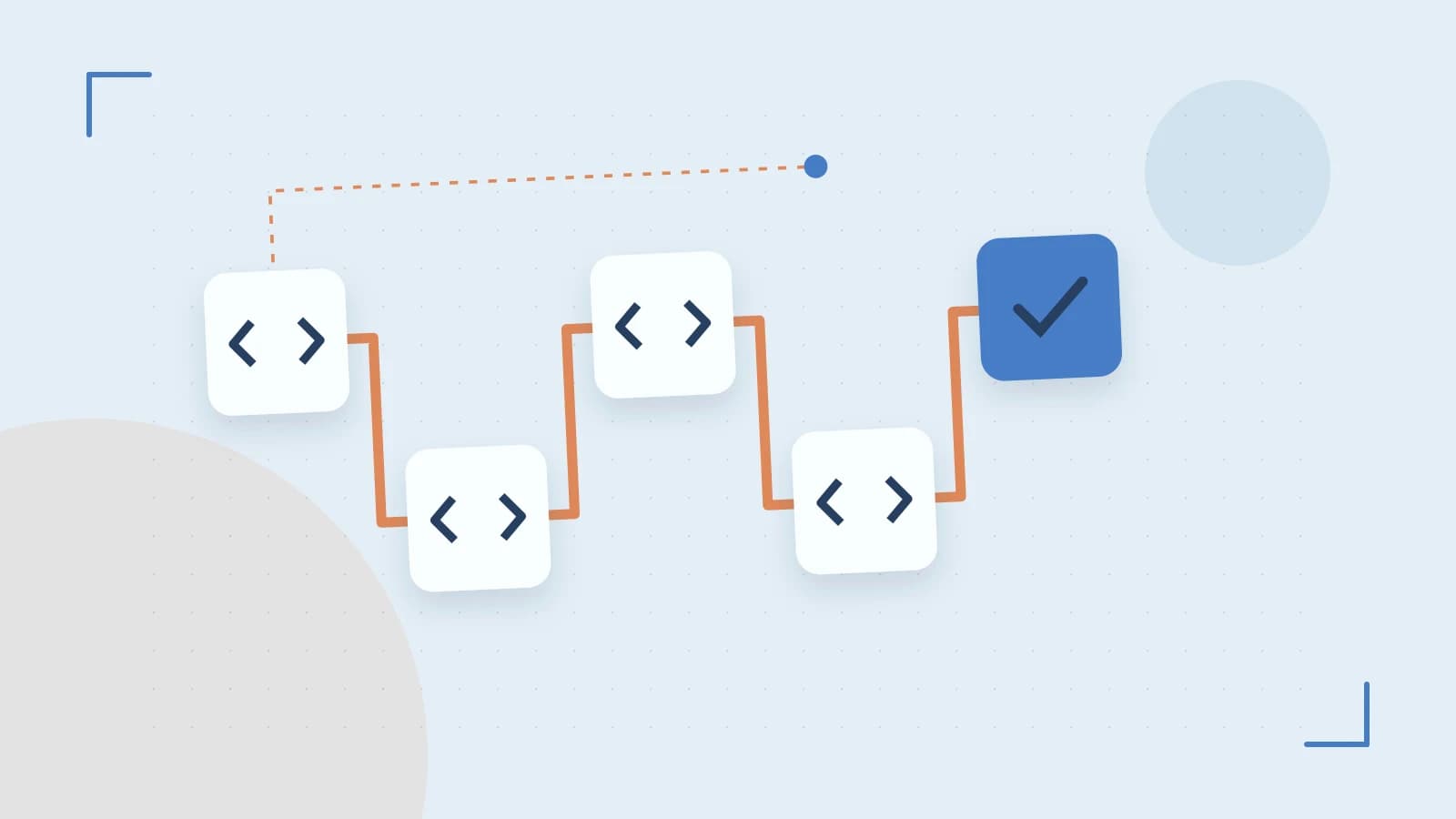 Editorial illustration of a branching build pipeline, staged transformations and a completed check