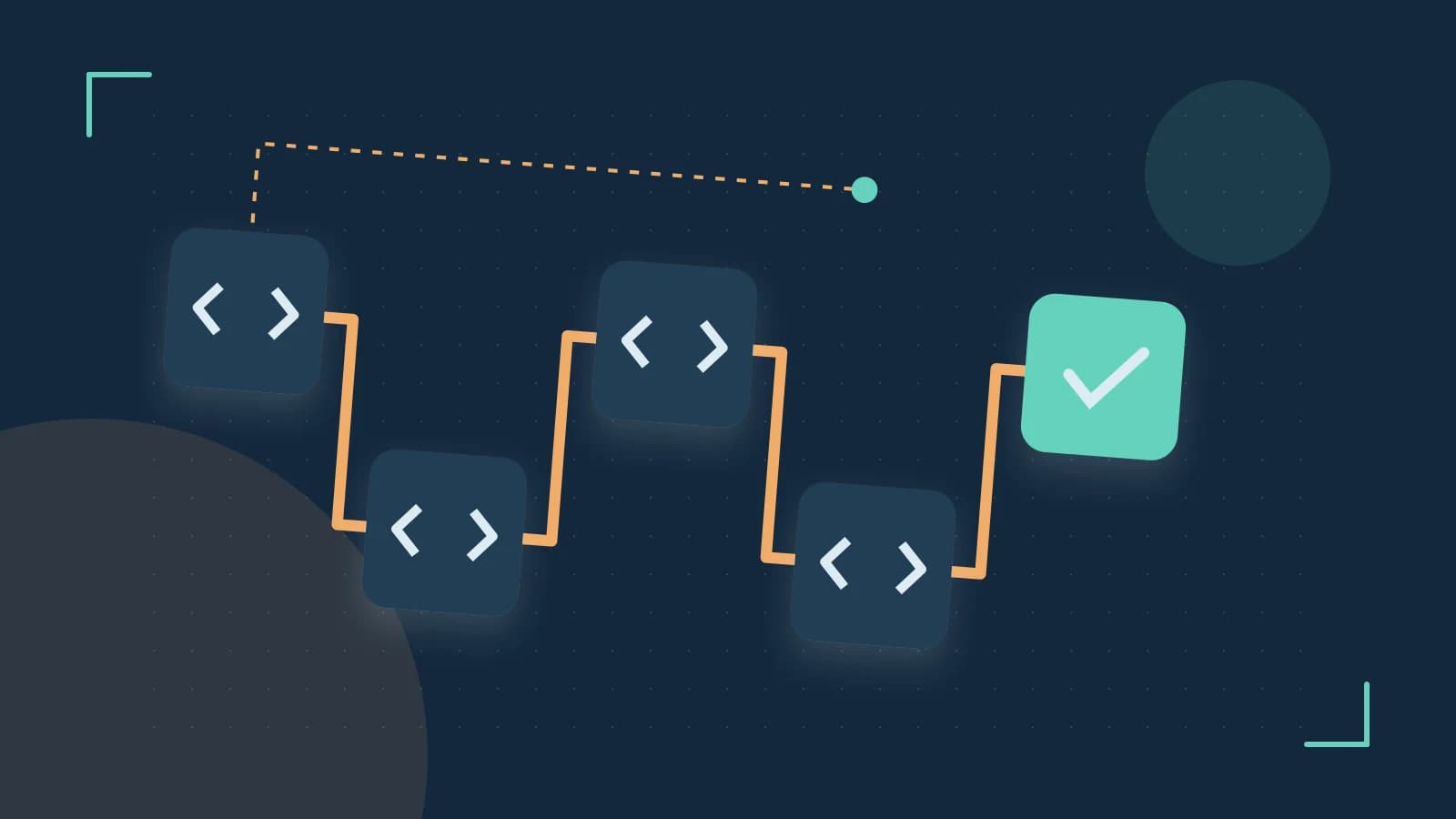 Editorial illustration of a branching build pipeline, staged transformations and a completed check