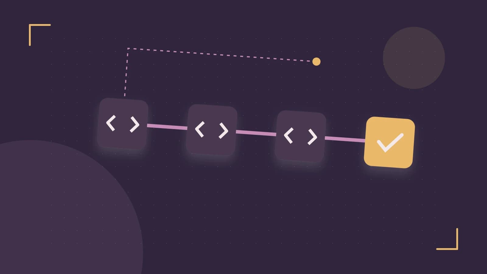 Editorial illustration of a branching build pipeline, staged transformations and a completed check