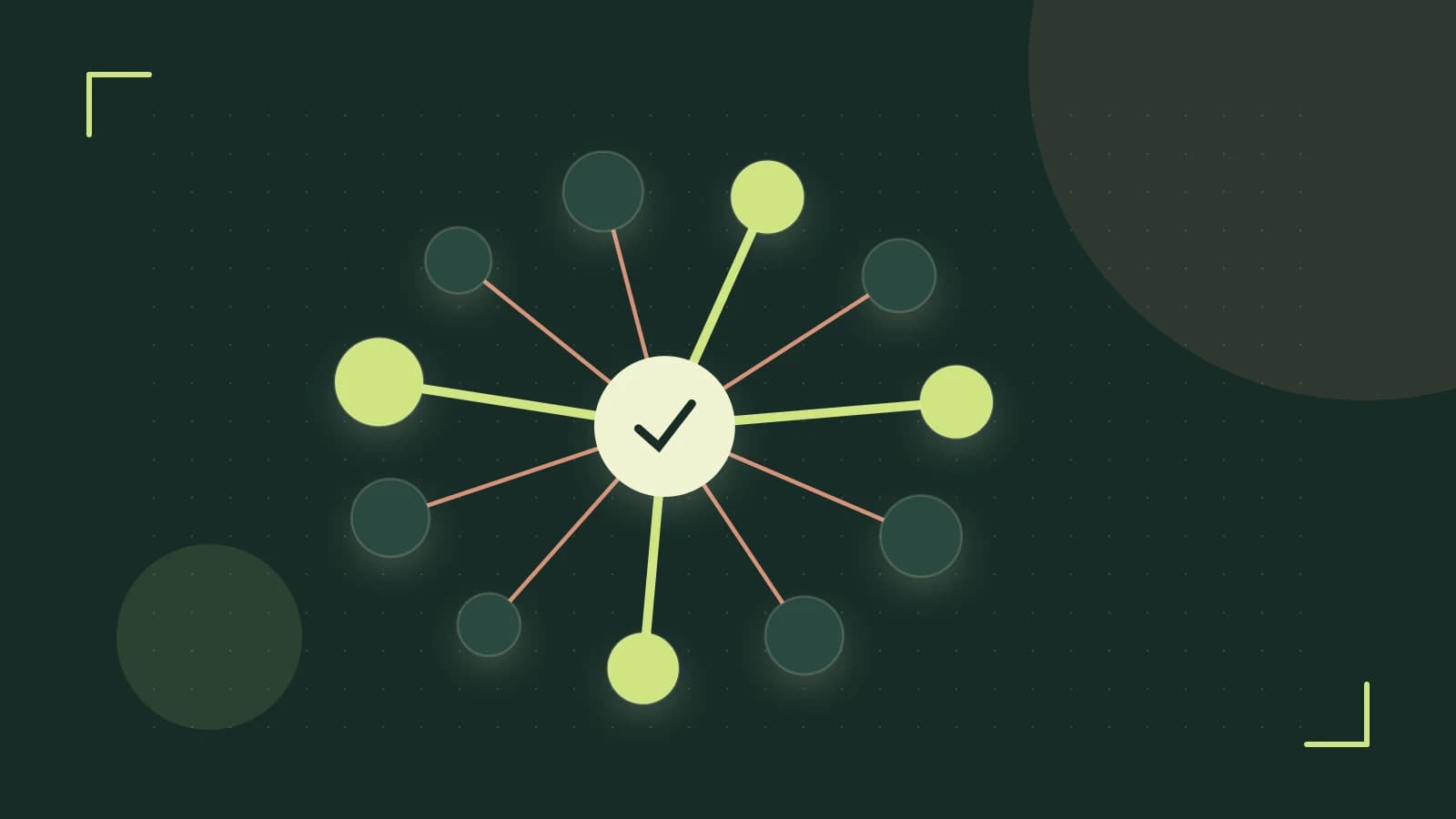 Editorial illustration of an algorithmic node graph with branching paths and a highlighted result